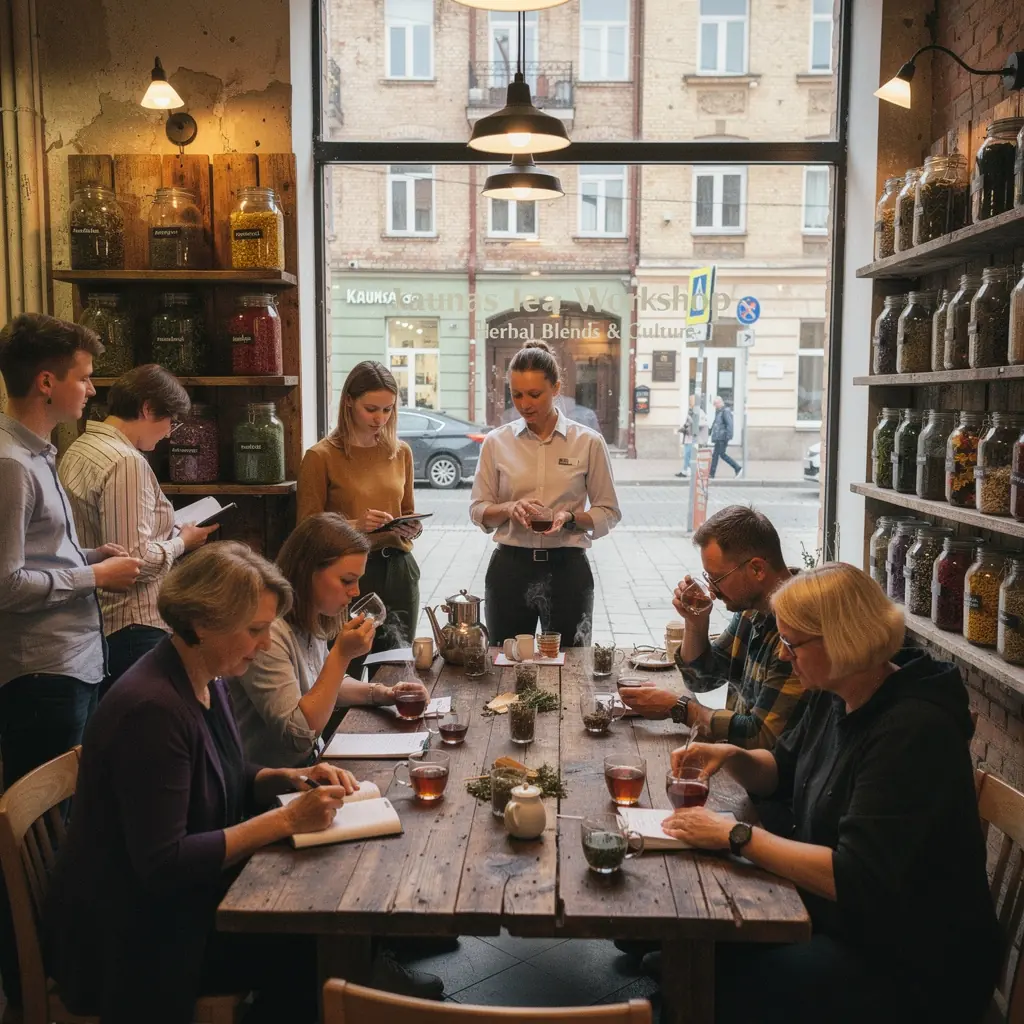 Žolelių arbatos puodelis su miško augalų ingredientais.